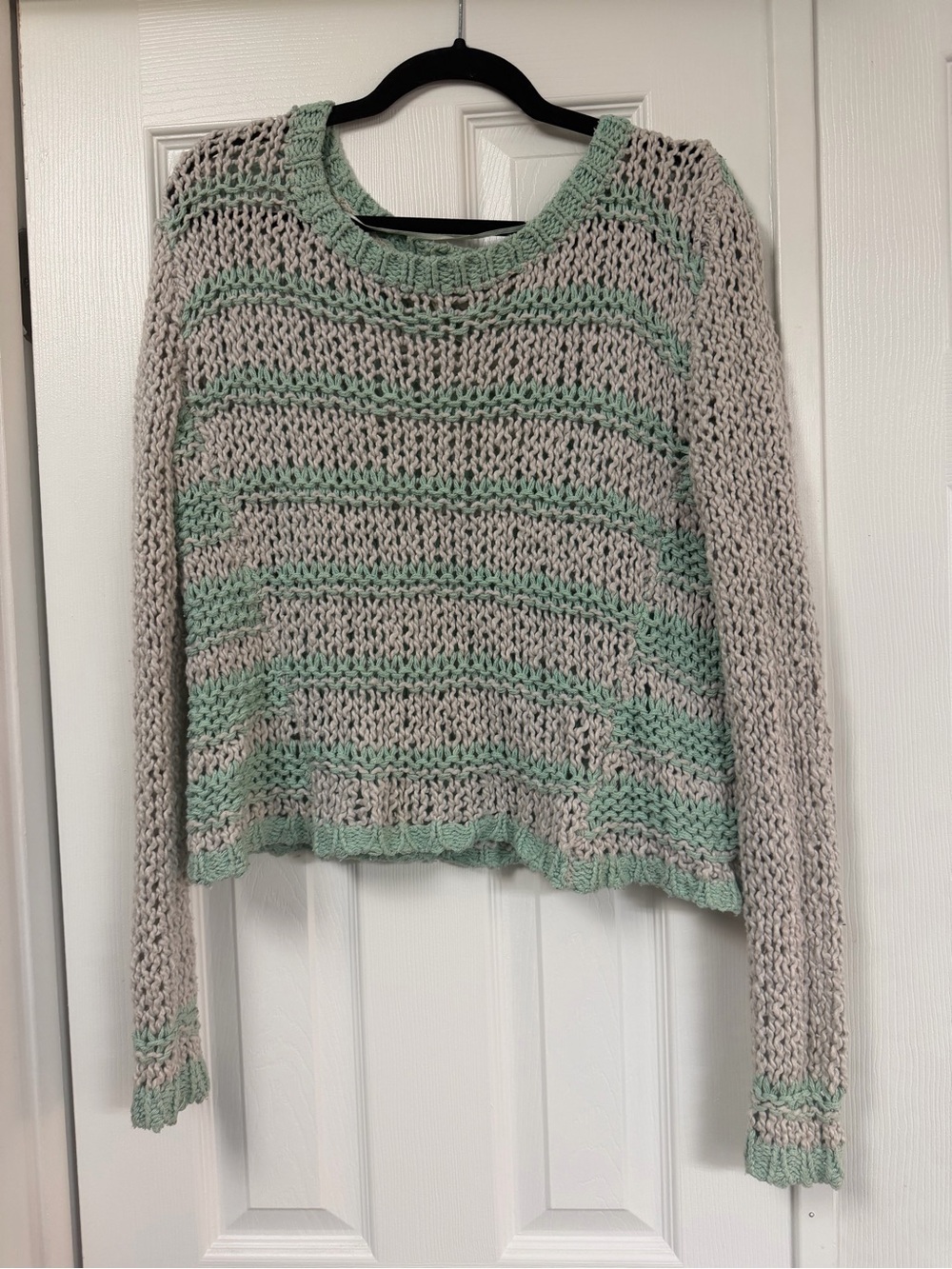 Free People Open-Knit Crewneck Sweater in Gray and Mint